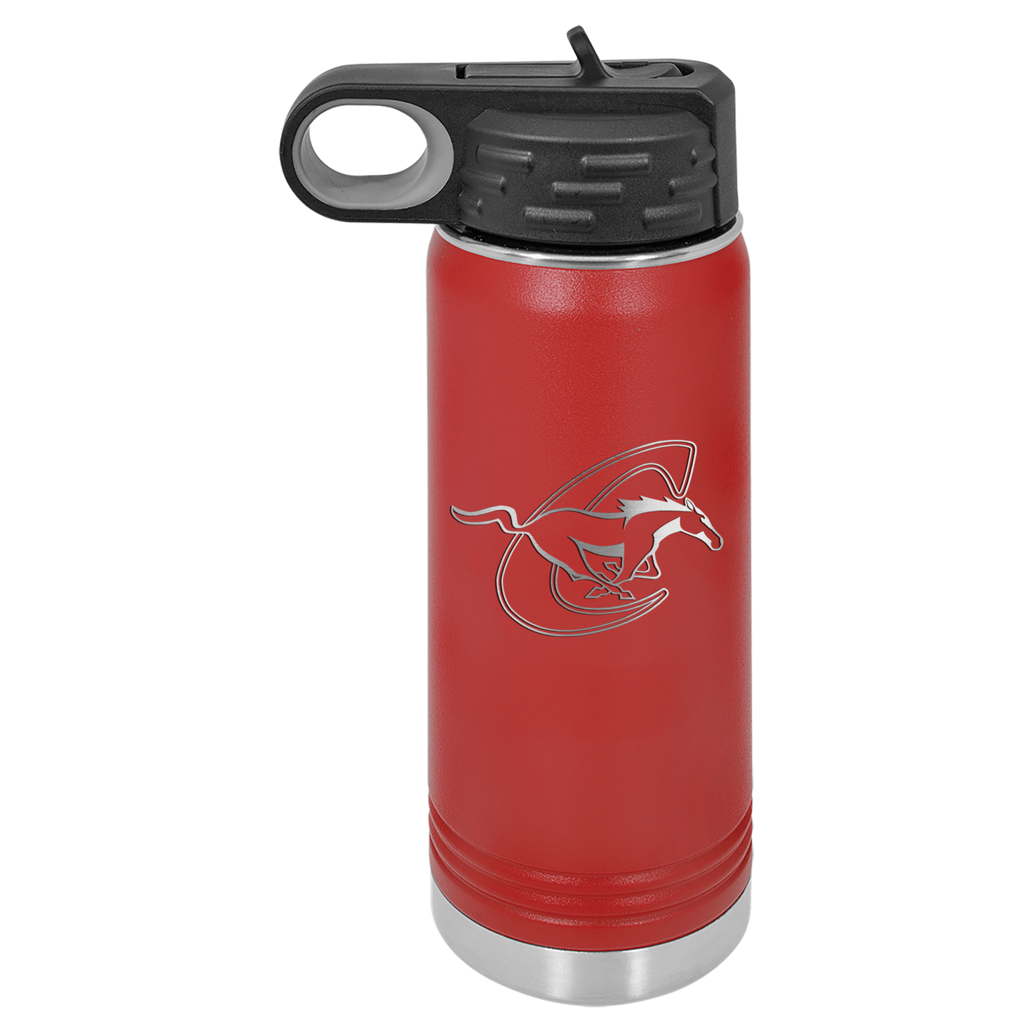 Red 20oz water bottle with Chisum horse no name