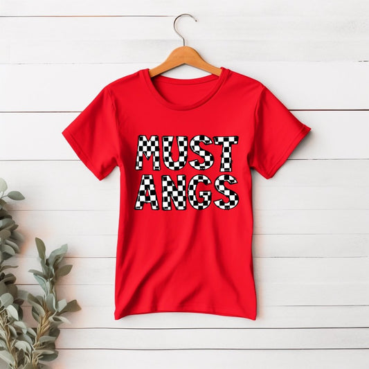 CHECKERED MUSTANG LETTERS T-SHIRT BELLA CANVAS