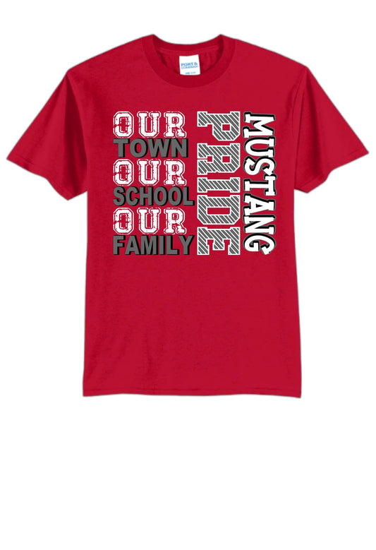 Red 50/50 t-shirt with our town graphic