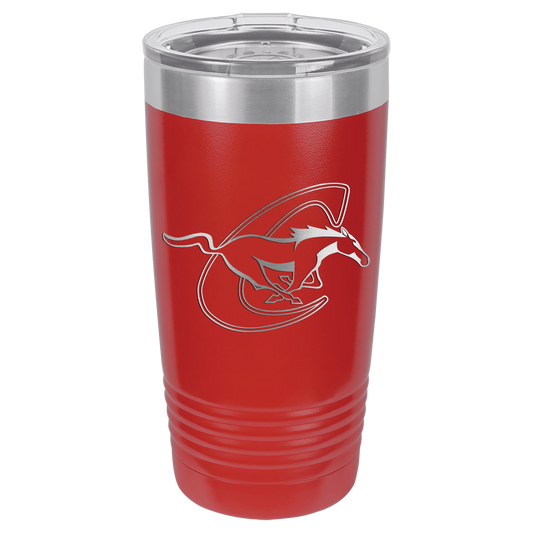 Red 20oz tumbler with Chisum horse and name
