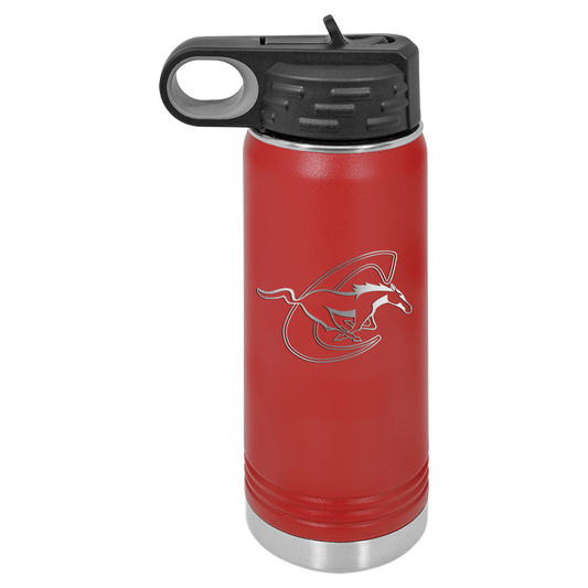 Red 20oz water bottle with Chisum horse and customized name